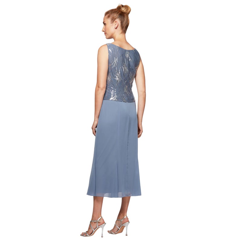 Alex Evenings Women's Tea Length Mock Jacket Dress with Button Front, Steel Blue, 14P - Image 4